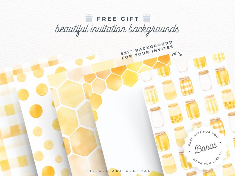 May include: Four digital paper designs featuring watercolor honeycomb and polka dot patterns in yellow and white. The designs are 5x7 inches and are perfect for invitations. A bonus design features a repeating pattern of watercolor jars with honey, honeycomb, and polka dot patterns.