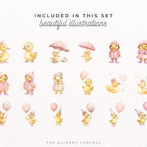 May include: A set of 16 watercolor illustrations featuring cute baby ducks in various poses. The ducks are wearing pink raincoats, holding balloons, and playing under umbrellas. The illustrations are perfect for creating adorable baby shower invitations, cards, or scrapbook pages.