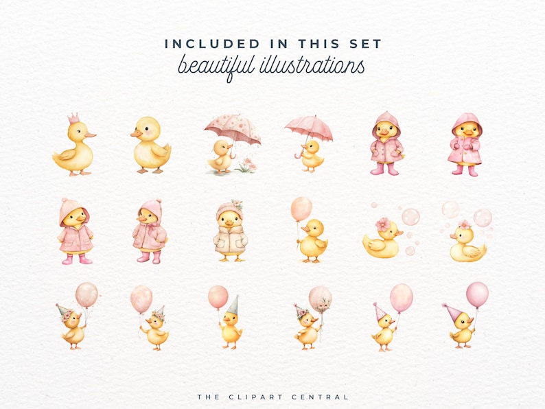 May include: A set of 16 watercolor illustrations featuring cute baby ducks in various poses. The ducks are wearing pink raincoats, holding balloons, and playing under umbrellas. The illustrations are perfect for creating adorable baby shower invitations, cards, or scrapbook pages.