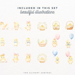 Puede incluir: Un conjunto de 14 ilustraciones de acuarela con adorables pollitos en varias poses, incluyendo pollitos con lazos, pollitos en cestas y pollitos con globos. Las ilustraciones son perfectas para manualidades de Pascua, scrapbooking y otros proyectos creativos.