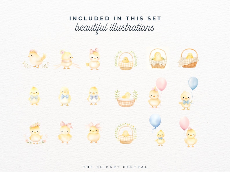 Puede incluir: Un conjunto de 14 ilustraciones de acuarela con adorables pollitos en varias poses, incluyendo pollitos con lazos, pollitos en cestas y pollitos con globos. Las ilustraciones son perfectas para manualidades de Pascua, scrapbooking y otros proyectos creativos.