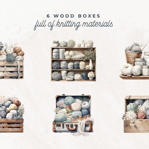 May include: Six wooden boxes filled with various knitting materials, including yarn balls, skeins, and other supplies. The boxes are arranged in a row on a white background. The text "6 WOOD BOXES full of knitting materials" is written above the boxes.