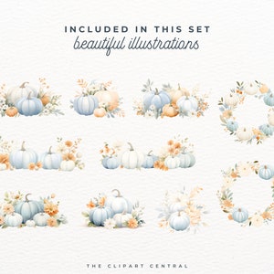 May include: A set of 10 watercolor illustrations featuring blue and white pumpkins with fall foliage. The pumpkins are arranged in wreaths and bouquets. The illustrations are perfect for fall crafts and decorations.