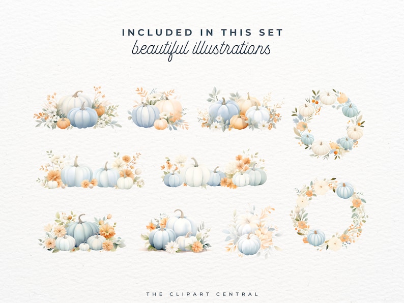 May include: A set of 10 watercolor illustrations featuring blue and white pumpkins with fall foliage. The pumpkins are arranged in wreaths and bouquets. The illustrations are perfect for fall crafts and decorations.