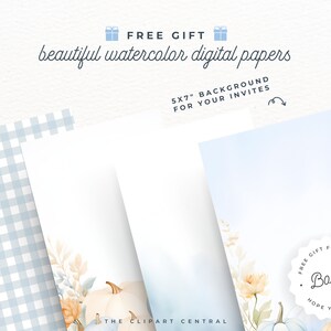 May include: Three digital paper designs featuring watercolor illustrations of pumpkins, leaves, and flowers in shades of orange, yellow, and blue. The papers are 5x7 inches and are perfect for invitations.