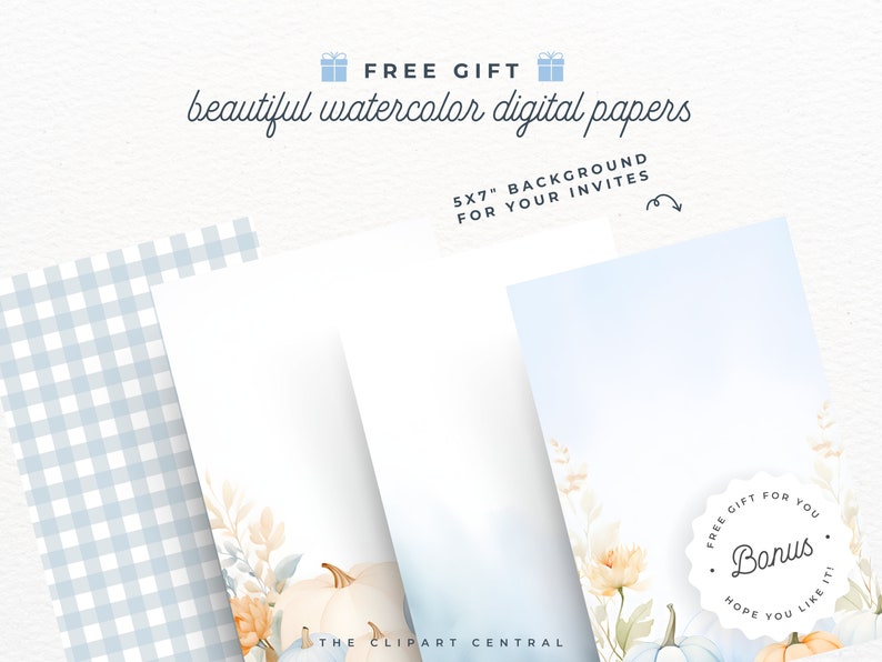 May include: Three digital paper designs featuring watercolor illustrations of pumpkins, leaves, and flowers in shades of orange, yellow, and blue. The papers are 5x7 inches and are perfect for invitations.