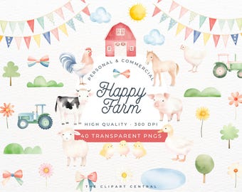 Watercolor Happy Farm Clipart, Cute Barn PNG Digital Illustration Bundle, Animal Theme Birthday Set, Printable Clip Art, Cow, Tractor, Sheep