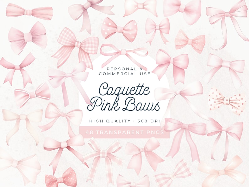 Pink Ribbon Bow Clipart, Girl Coquette, Watercolor Pink Bow, PNG Clipart, Aesthetic Tee Clip Art, Coquette Bow Designs, Invitation, Nursery image 1