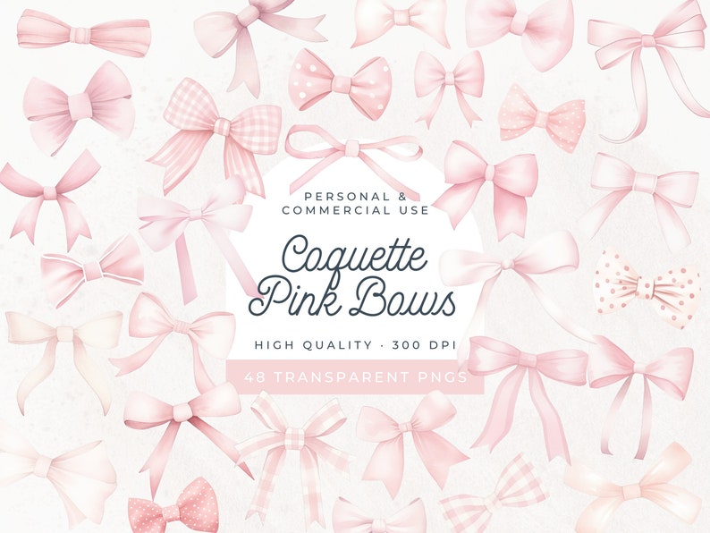 May include: A set of 48 pink watercolor bows, perfect for adding a touch of elegance to your designs.  These high-quality, 300 DPI transparent PNGs are ideal for crafting, scrapbooking, and digital projects.  Personal & Commercial Use.