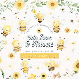 Niedliche Biene Thema Clipart, Aquarell Honigbiene und Blumen Clip-Arts, Frühlings-Sonnenblume Blumen PNG, Mama zu Baby-Dusche, Hummeln einladen