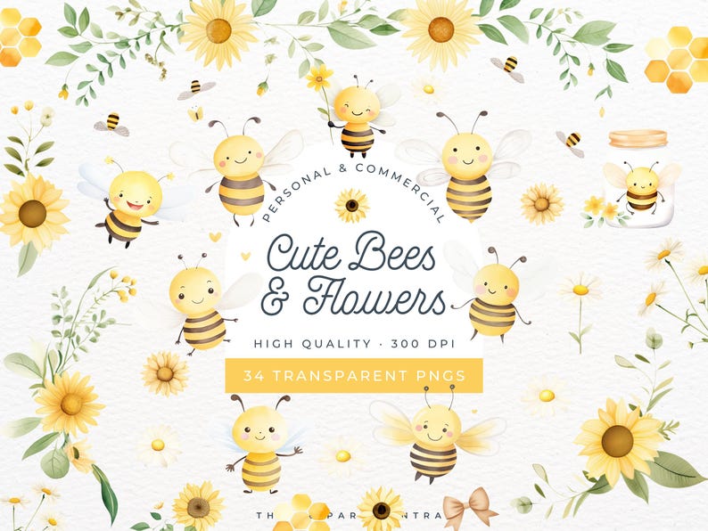 May include: A set of 34 digital clipart images featuring cute cartoon bees and flowers. The bees are yellow and black with smiling faces and wings. The flowers are yellow and white with green leaves. The images are perfect for creating invitations, cards, and other crafts.