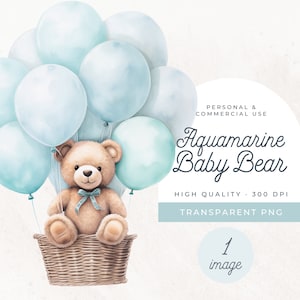 Ballons bébé ours bleu marine, Clipart IMAGE UNIQUE, baby shower Bearly Wait, doux noeud de ruban bleu sarcelle PNG, art mural garçon nounours Turquoise pastel