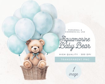 Aqua Marine Baby Bear Balloons, SINGLE IMAGE Clipart, Bearly Wait Baby Shower, Soft Teal Ribbon Bow PNG, Pastel Turquoise Teddy Boy Wall Art
