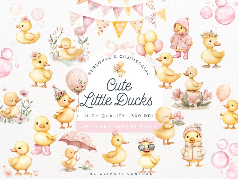 May include: A set of 45 digital clipart images featuring cute cartoon ducks in various poses. The ducks are yellow with pink accents and are holding items like balloons, umbrellas, and flowers. The clipart is perfect for adding a touch of whimsy to your digital projects.