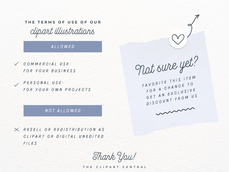 May include: A white paper note with blue text that reads "Not sure yet? Favorite this item for a chance to get an exclusive discount from us". The note has a heart sticker and a wavy line at the bottom. The text "The terms of use of our clipart illustrations" is also visible in the image.