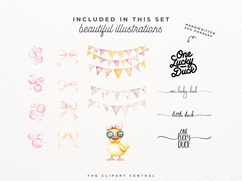 May include: Watercolor illustrations of a duck wearing sunglasses, pink bows, and a string of pink and yellow flags. The text "One Lucky Duck" is written in a handwritten font.