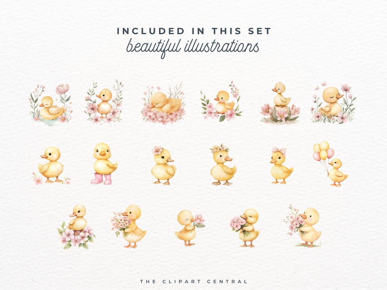 May include: A set of 16 watercolor illustrations featuring cute baby ducks in various poses. The ducks are depicted with pink flowers, bows, and other adorable details. The illustrations are perfect for creating cards, invitations, or other craft projects.