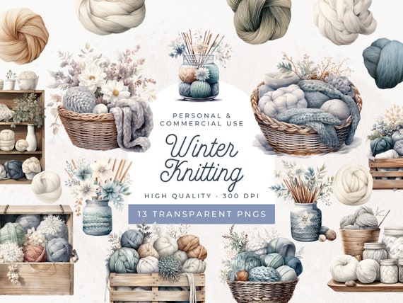 Watercolor Knitting Clipart, Winter Knitting Basket, Knitting Wall Art, Needle and Thread, Vintage Knitting Logo, Yarn and Wool PNG
