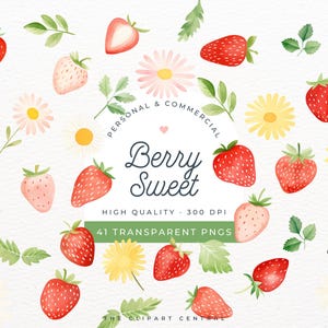 Watercolor Strawberry Clipart, Cute Daisy Flowers Clip Art, First Birthday Baby Girl Invite, One Invitation, Baby Shower Designs PNG Bundle