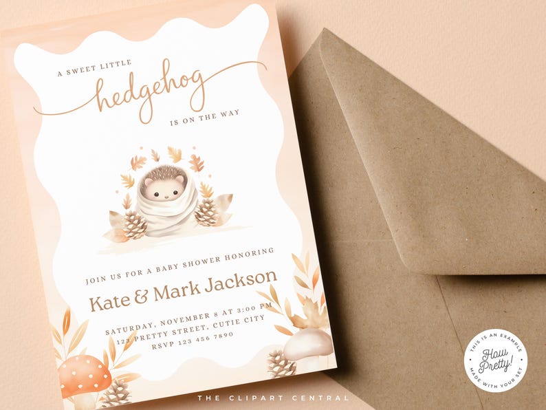Peut inclure: Une invitation &agrave; une f&ecirc;te pr&eacute;natale avec une illustration mignonne de h&eacute;risson. L'invitation est de couleur p&ecirc;che avec des feuilles d'automne brunes et orange et des champignons. Le texte indique "Un petit h&eacute;risson adorable est en route. Rejoignez-nous pour une f&ecirc;te pr&eacute;natale en l'honneur de Kate & Mark Jackson. Samedi 8 novembre &agrave; 15h00. 123 Pretty Street, Cutie City. RSVP 123 456 7890. The Clipart Central."