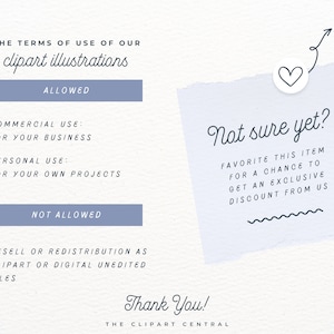 May include: A white paper note with blue text that reads "Not sure yet? Favorite this item for a chance to get an exclusive discount from us". The note has a heart sticker and a wavy line at the bottom. The text "The terms of use of our clipart illustrations" is also visible in the image.