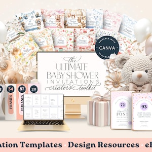 May include: A digital product bundle for creating baby shower invitations. The bundle includes 64 textures, 34 frames, 87 phrases, 20 invitation templates, 72 font pairings, and 93 best-selling baby shower invitations. The bundle is editable with Canva.