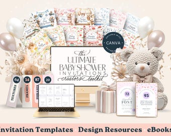 ULTIMATE Baby Shower Invitation Toolkit, COMMERCIAL USE, Canva Template, Mallard Duck, Bear, Cherry On Top, Peach, Pink Bow, Berry Sweet png