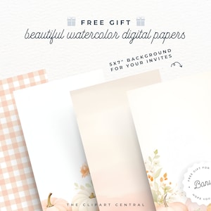 May include: Four digital papers featuring a watercolor design with pumpkins, leaves, and flowers in shades of peach, white, and green. The papers are 5x7 inches and are perfect for invitations. The text "FREE GIFT" and "Bonus" are also included in the image.