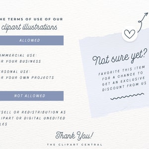 May include: A white paper note with blue text that reads "Not sure yet? Favorite this item for a chance to get an exclusive discount from us". The note has a heart sticker and a wavy line at the bottom. The text "The terms of use of our clipart illustrations" is also visible in the image.