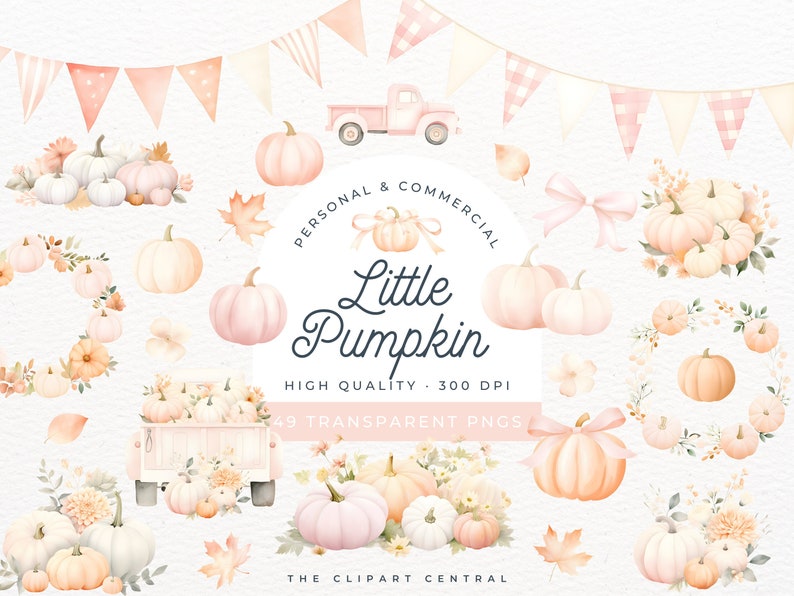 May include: A set of 49 watercolor illustrations featuring pastel pink, peach, and white pumpkins, flowers, leaves, and a truck. The illustrations are perfect for fall-themed crafts, invitations, and other projects. The text on the image reads "Personal & Commercial, Little Pumpkin, High Quality 300 DPI, 49 Transparent PNGs, The Clipart Central."