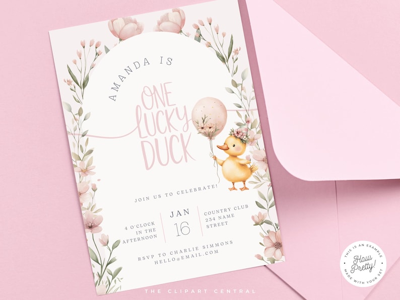 May include: A white invitation with pink floral illustrations and a cartoon duck holding a balloon. The text reads "Amanda is one lucky duck" and includes details for a birthday party.