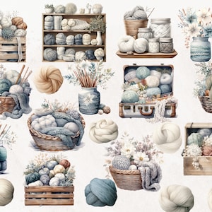 May include: A collection of yarn balls in various colors and textures, including white, blue, brown, and green, arranged in baskets, crates, and jars. Some of the yarn balls are tied with string or ribbon. There are also some wooden crates and jars with yarn balls inside.