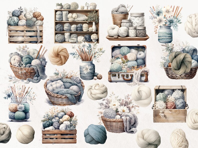 May include: A collection of yarn balls in various colors and textures, including white, blue, brown, and green, arranged in baskets, crates, and jars. Some of the yarn balls are tied with string or ribbon. There are also some wooden crates and jars with yarn balls inside.