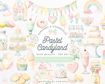 May include: A set of 61 pastel-colored digital clipart images featuring a whimsical candyland theme. The images include a castle, cupcakes, lollipops, candy, a gumball machine, a rainbow, and more.  The images are high quality and 300 DPI.