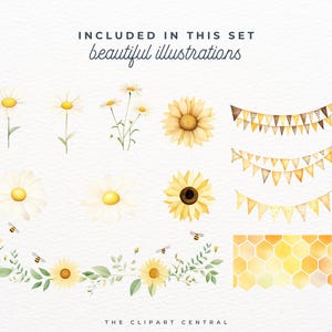 May include: Watercolor illustrations of sunflowers, daisies, bees, and honeycomb. Included in this set are three bunting banners with yellow and brown triangles.