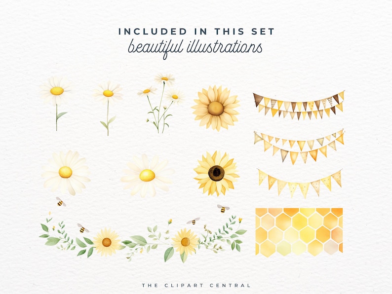 May include: Watercolor illustrations of sunflowers, daisies, bees, and honeycomb. Included in this set are three bunting banners with yellow and brown triangles.