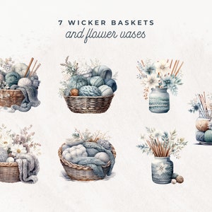 May include: Seven wicker baskets and flower vases filled with blue and white yarn balls, knitting needles, and dried flowers. The baskets and vases are all decorated with a blue and white pattern.