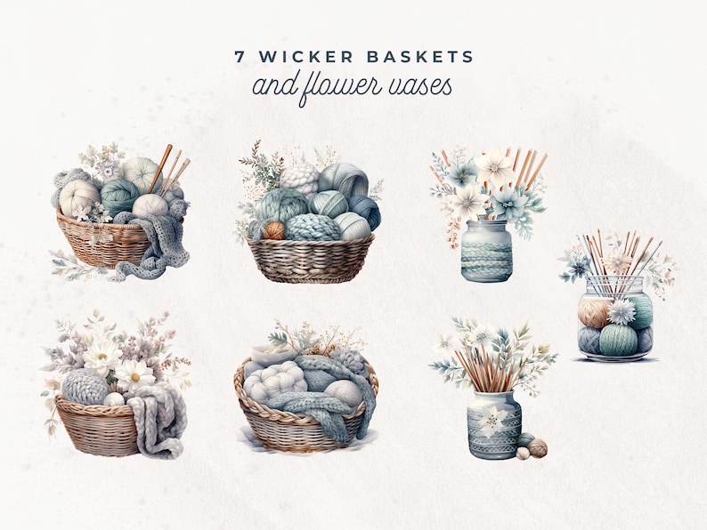 May include: Seven wicker baskets and flower vases filled with blue and white yarn balls, knitting needles, and dried flowers. The baskets and vases are all decorated with a blue and white pattern.