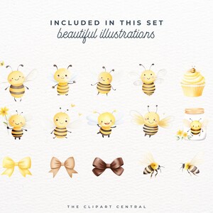 May include: A set of watercolor illustrations featuring cute cartoon bees, honey jars, cupcakes, and bows. The illustrations are in shades of yellow, brown, and white.