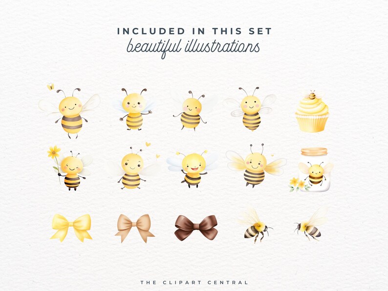 May include: A set of watercolor illustrations featuring cute cartoon bees, honey jars, cupcakes, and bows. The illustrations are in shades of yellow, brown, and white.