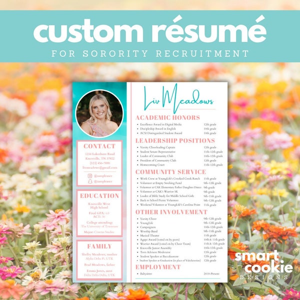 Sorority Resume & Cover Letter | Easy to Customize | Rush Resume | Recruitment Resume Template with Photo and Cover Letter | Editable | Girl