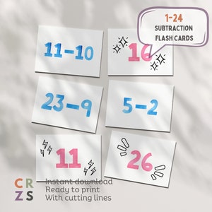1-24 Substrahierungs-Karten, Mathe Druckbare Karten, Mathematik für die 2.Klasse, Lern-Karteikarte, Mathe-Arbeitsblatt, 3.Klasse, Mathe Subtraktion Fakten
