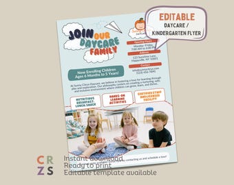 May include: A blue and orange flyer with the text "Join Our Daycare Family" and a picture of three children. The flyer advertises a daycare center with information about hours, address, contact information, and services offered. The text "Now Enrolling Children Ages 6 Months to 5 Years!" is also included.