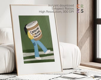 Pôster de cafeteria para amantes de café, arte de parede de café, mulher segurando café, ilustração, arte eclética, pôster de café, cafeteria