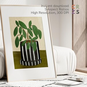 Pode incluir: Uma ilustração digital de uma planta de interior em um vaso listrado preto e branco. A planta tem folhas verdes e é colocada em um fundo bege claro.