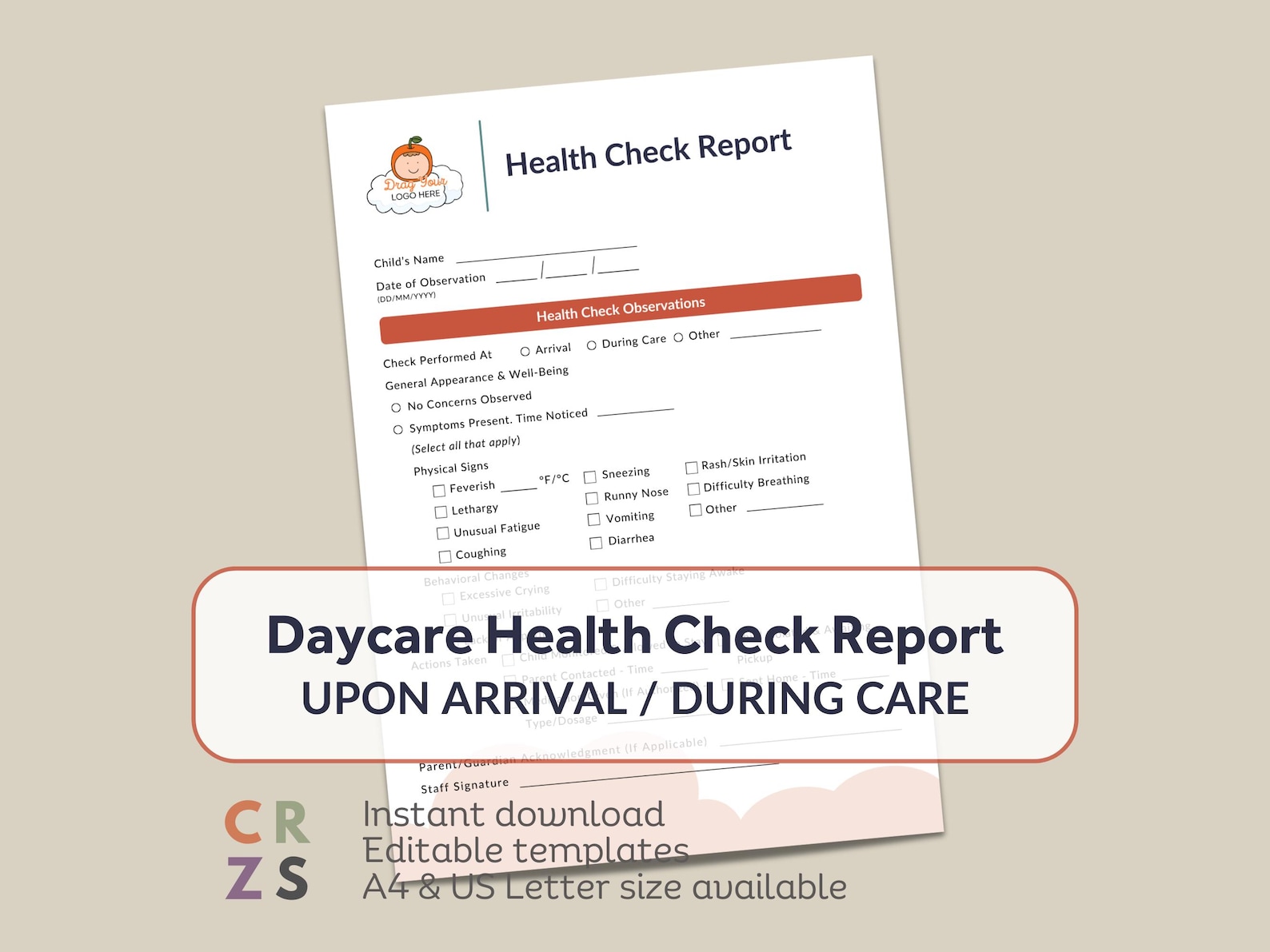 Editable Daycare Health Check Report, Daily Health Check for Childcare ...