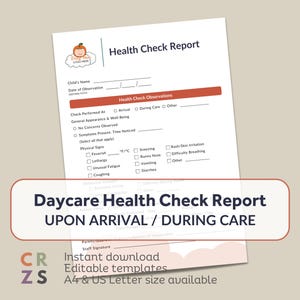 Puede incluir: Un formulario de control de salud de guardería imprimible con una linda ilustración de un bebé de dibujos animados. El formulario incluye secciones para el nombre del niño, la fecha de observación, la verificación realizada en, la apariencia general y el bienestar, los síntomas presentes y los signos físicos. El formulario está disponible para descarga instantánea y es editable. El formulario está disponible en tamaños A4 y US Letter.
