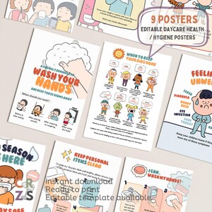May include: Nine colorful posters with cartoon illustrations and text about daycare health and hygiene. The posters include topics such as washing hands, keeping personal items clean, feeling unwell, and flu season.