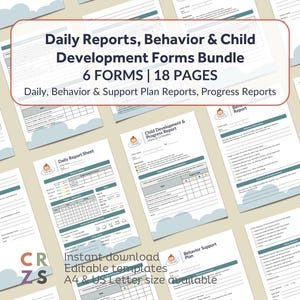 Può includere: Un pacchetto di moduli stampabili per lo sviluppo infantile, tra cui rapporti giornalieri, piani di supporto comportamentale e rapporti sui progressi. Il pacchetto include 6 moduli e 18 pagine, disponibili nei formati A4 e US Letter.