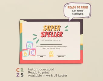 Speller Award Certificate for Kids Classroom Award Certificate Student Award for Year End Award Printable Kids Diploma Intelligence Award